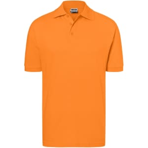 An orange polo shirt with a classic design, featuring a collar and short sleeves. It has a logo on the chest.