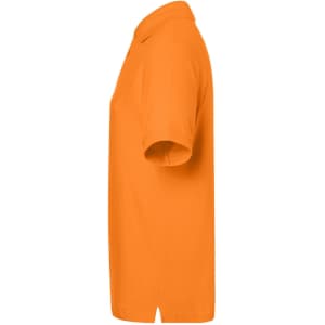 An orange classic polo shirt featuring a collar, short sleeves, and a logo on the front.