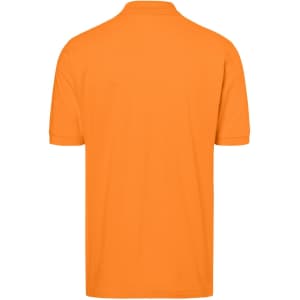 An orange classic polo shirt with a short-sleeved design and a collar, featuring a logo.