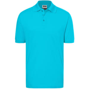 A turquoise polo shirt featuring a classic collar and three buttons. The shirt has a logo.