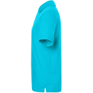 A classic polo shirt in bright turquoise, featuring a collared neck and short sleeves. It has a logo on the fabric.
