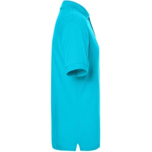 A turquoise polo shirt viewed from the side, featuring a collar and a logo.