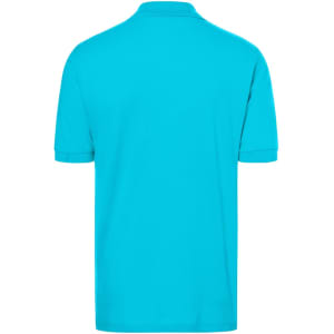 A classic polo shirt in a vibrant aqua blue colour, featuring short sleeves and a collar. It has a logo on the chest.
