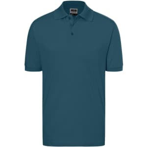 A classic polo shirt in a deep teal colour with a collar and three buttons, featuring branding on the label.