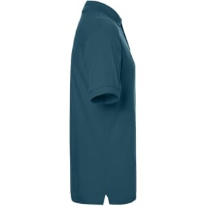 A teal polo shirt displayed from the side, featuring a collar and short sleeves, with a logo on it.