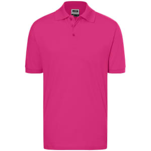 A pink polo shirt with a classic collar and three buttons, featuring a logo on the chest area.