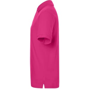 A pink polo shirt featuring a collar and short sleeves, displaying a logo on the side.