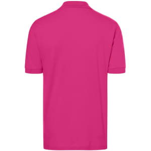A pink polo shirt featuring a collar and short sleeves, with a logo on the back.