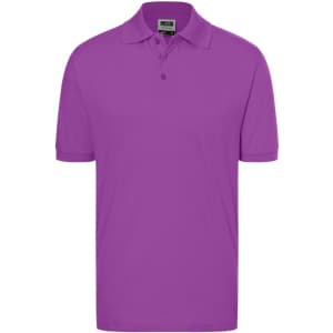 A purple polo shirt with a collar and three buttons, featuring a branding logo.