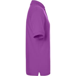 A purple classic polo shirt with a collar and short sleeves, featuring a logo on the chest.