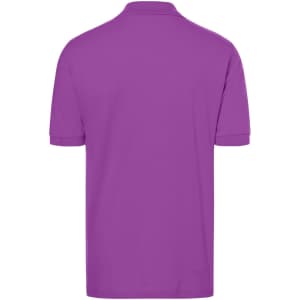 A purple classic polo shirt with a plain back view and folded sleeves. It features a branding logo.