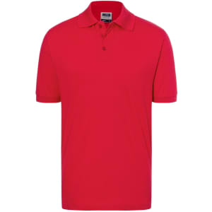 A red polo shirt featuring a collar, short sleeves, and a small logo on the chest.