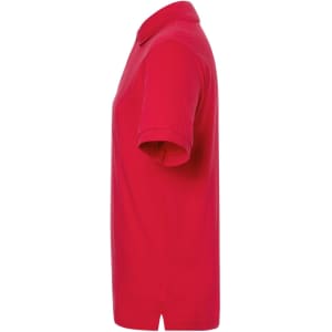 A red polo shirt displayed from the side, featuring a collar and short sleeves, with a branding logo on the chest.