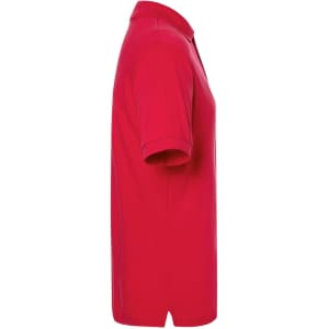 A red polo shirt displayed from the side, featuring a collar and short sleeves. The shirt has a logo on it.