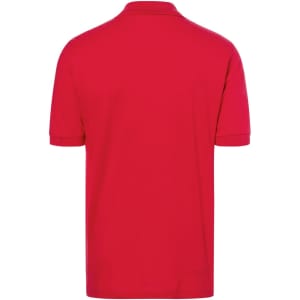 A red polo shirt with a classic design, featuring a collar and short sleeves. The garment has a brand logo.