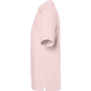 A pink polo shirt with a classic cut, featuring a collar and short sleeves. It has a logo on the chest.