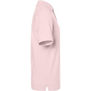 A light pink polo shirt with a collared neckline and short sleeves, featuring a logo on the front.
