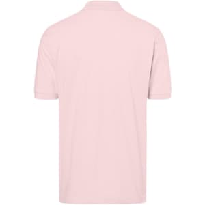 A classic polo shirt in light pink, featuring a back view and a logo on the upper back.