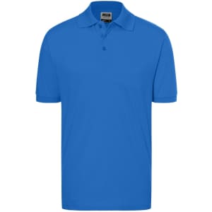 A blue polo shirt with a collar and three button placket. The shirt features a logo on the chest.