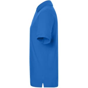 A blue polo shirt with a classic design, featuring short sleeves and a collar. It has a small logo on it.