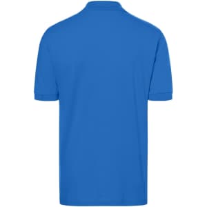 A blue polo shirt with a classic design, featuring a collar and short sleeves. It has a logo on the front.