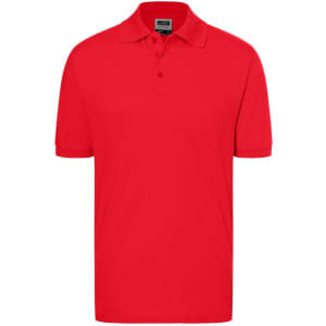A red polo shirt featuring a classic design and a three-button placket. The shirt has a logo on it.