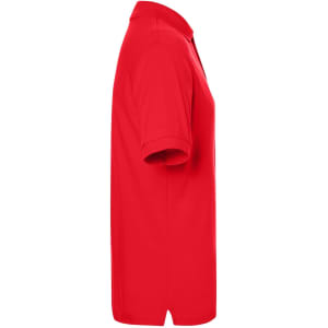 A red polo shirt displayed from the side, featuring a collar and short sleeves, with a logo present.