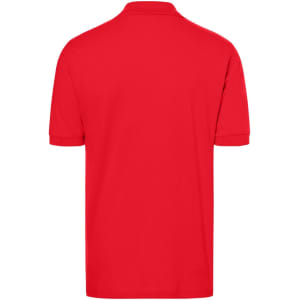 A red polo shirt featuring a collar and short sleeves, with a logo on the back.
