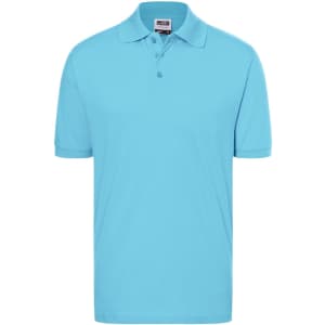 A light blue classic polo shirt featuring a collar and three-buttons placket, with a logo on the chest.