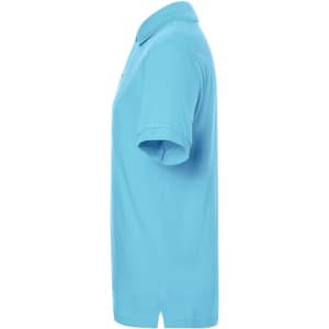 A light blue polo shirt displayed from the side, featuring short sleeves and a collar. The shirt has a logo.