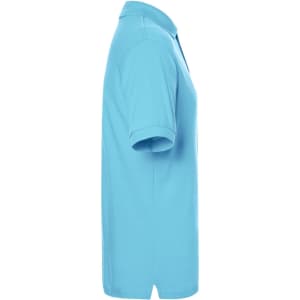 A side view of a classic polo shirt in a light blue colour, featuring a collar and short sleeves, with a logo.