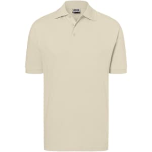 A beige polo shirt with a classic design, featuring a collar and short sleeves, and a logo on the chest.
