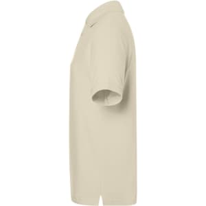 A beige classic polo shirt featuring short sleeves and a collar. It includes a logo on the chest.