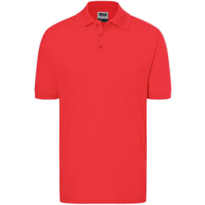 A red polo shirt featuring a collar and short sleeves, with a logo on the chest.