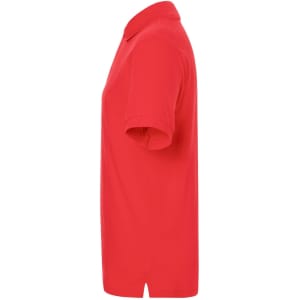 A red polo shirt with short sleeves and a collar, featuring a logo on the chest.