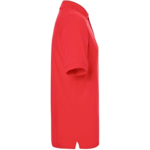 A red polo shirt with a classic design, featuring a collar and short sleeves. It has a logo on it.