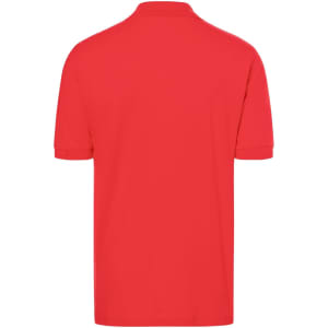 A red polo shirt featuring a collar and short sleeves, with a branding logo on the back.