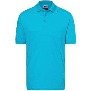 A turquoise polo shirt with a classic design, featuring a collar and three-button placket. Includes a logo.