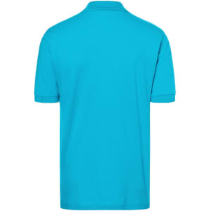 A turquoise polo shirt with short sleeves, featuring a branded logo on the back.