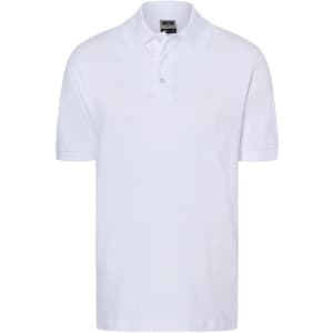 A white polo shirt with a collared neck and short sleeves, featuring a logo at the label area.