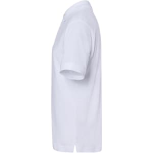 A white polo shirt with a classic design and a branding logo on the chest.