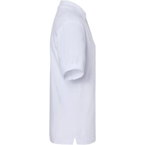 A white polo shirt displayed from the side, featuring a collar and short sleeves. It has a logo on the chest.