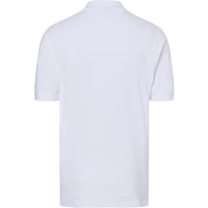 A white polo shirt with short sleeves, featuring a plain design and a logo on the chest.