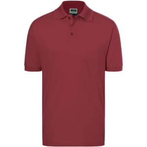 A maroon classic polo shirt with a collar and three buttons, featuring a logo on the chest.
