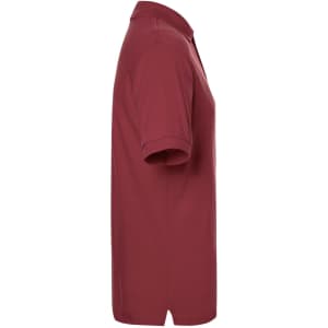A maroon classic polo shirt displayed side-on, featuring a collar and short sleeves. The shirt has a simple logo.