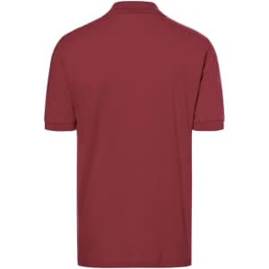 A maroon polo shirt with short sleeves, featuring a collar and a logo. The back view is displayed.