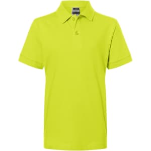A bright yellow polo shirt with a classic collar and short sleeves, featuring a logo.