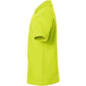 A side view of a bright lime green polo shirt with a collar and short sleeves. It features a logo.
