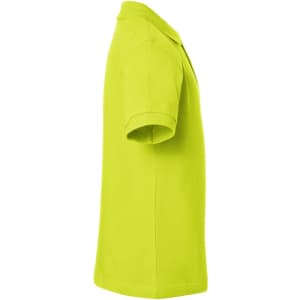 A bright yellow polo shirt in a side view, featuring a collar and short sleeves, with a logo present.