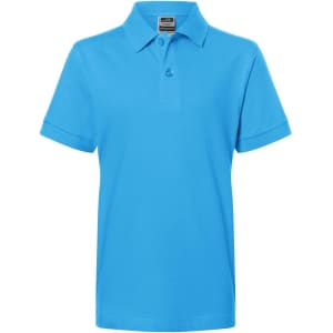 A blue Classic Polo Junior shirt featuring a collar and a logo on the chest. Short sleeves with rolled cuffs.